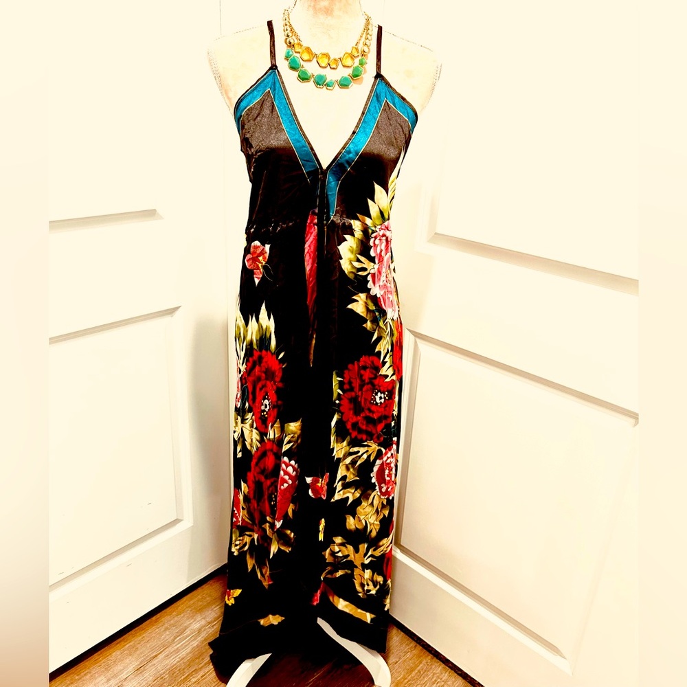 Black Floral Maxi Dress with Teal Trim